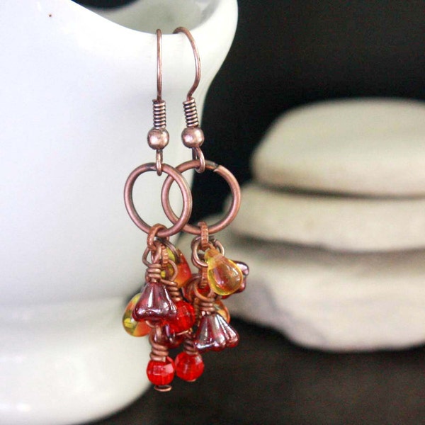 Red and Golden Czech Glass Beads Earrings - A.922