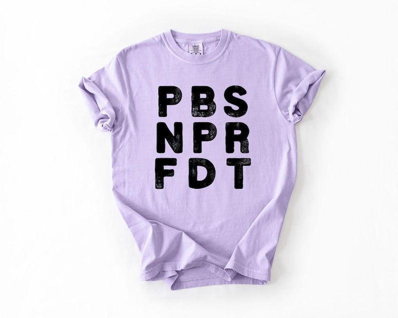 May include: A light purple t-shirt with the letters PBS, NPR, and FDT printed in black. The letters have a distressed, textured appearance. The shirt is made of a soft material and has rolled-up sleeves.
