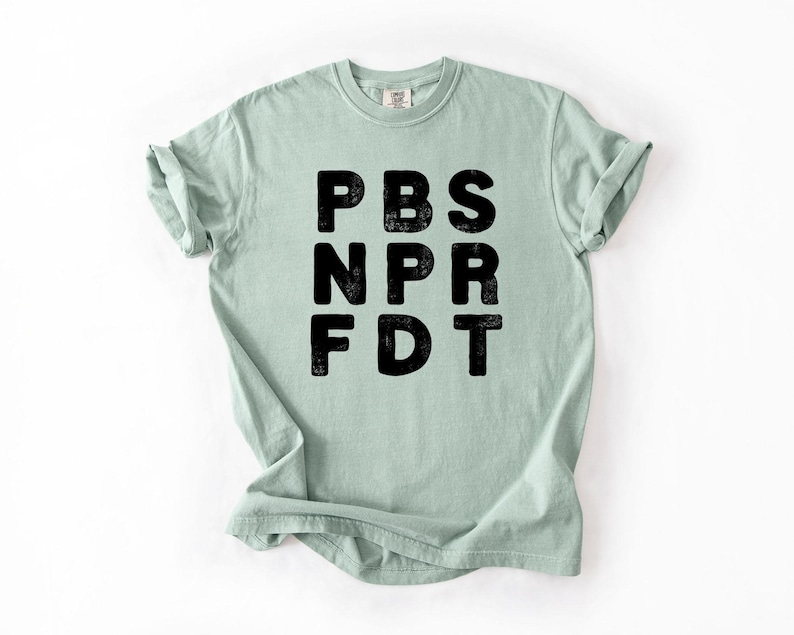 May include: A light green t-shirt with the black letters PBS, NPR, and FDT printed on the front. The shirt has short sleeves and a crew neck. The fabric appears to be soft and comfortable.