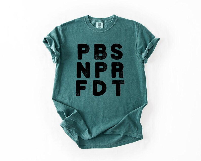 May include: Teal-colored t-shirt with the black text "PBS NPR FDT" printed vertically. The shirt has short sleeves and a crew neck. The fabric appears soft and slightly faded.