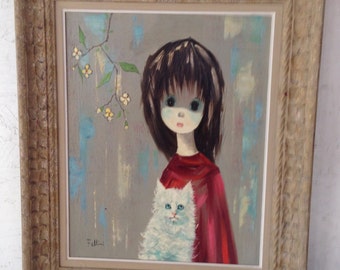 Vintage 1960s Big Eye Girl Holding Cat Portrait Painting Retro Oil Painting, Mid Century Modern Art,  Signed Fellini