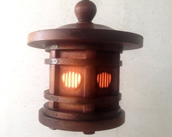 Vintage Wooden Pagoda Hanging Light Asian James Mont Era Mid Century Light Fixture c 1950s 1960s