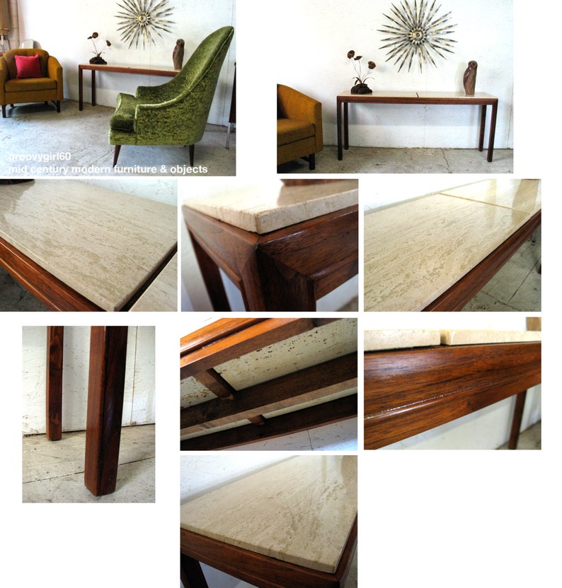 Vintage Mid Century Modern Travertine Console Table Walnut ...