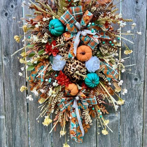 Teal & Orange Pumpkin Fall Swag – Leopard Print Autumn Door Decor