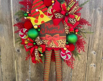 Couronne de Noël elfe lunatique - Imprimé léopard et thème des bonbons | Décoration de porte des Fêtes pattes d'elfes