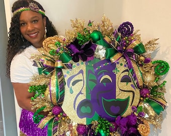 Très grande couronne de masque de Mardi Gras | Décoration violette, verte et dorée