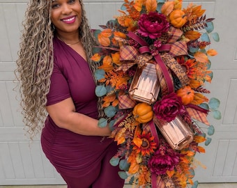 Bijoux fantaisie d'automne de luxe | Bijou décoratif pour porte | Déco automne pour porte d'entrée bordeaux, cuivre et orange