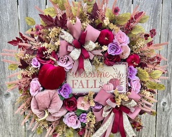 Blush & Burgundy Welcome Fall Wreath – Velvet Pumpkin Door Decor