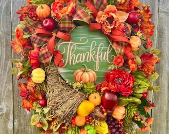 Couronne de récolte de luxe en forme de corne d'abondance | Couronne XL pour porte d'entrée pour Thanksgiving | Couronne de fruits et citrouilles d'automne