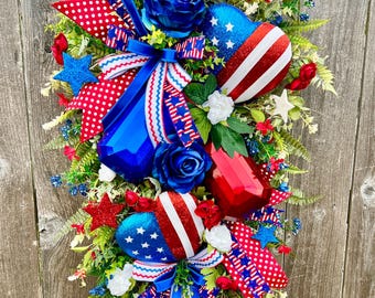 Bijoux festifs patriotique de luxe, décoration du Memorial Day, couronne du 4 juillet, couronne de la fête des anciens combattants, décoration de porte rouge blanc bleu,
