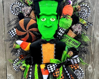 Corona de monstruos verdes de Halloween – Decoración de puerta XL con temática de dulces