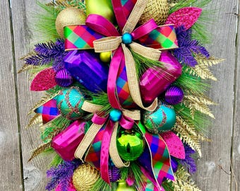 Luxury Gem Ornament Christmas Wreath | Jewel-Tone Christmas Swag | XL Holiday Door Decor | Fuchsia, Purple, Teal & Gold Christmas Wreath