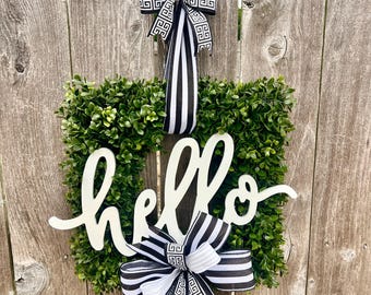 Couronne de buis noir et blanc, décoration de porte d'entrée toute l'année, couronne de ferme de tous les jours