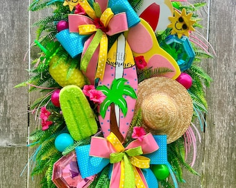 XL Summer Beach Surfboard Swag - Couronne de porte d'entrée Hello Summer Tropical Paradise