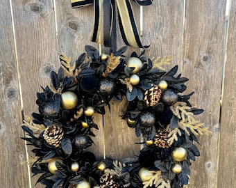 Couronne de luxe noire et dorée - Décoration de porte élégante pour les fêtes