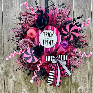 Trick or Treat Pink Glam Halloween Wreath-  Candy Inspired Spooky Door Decor