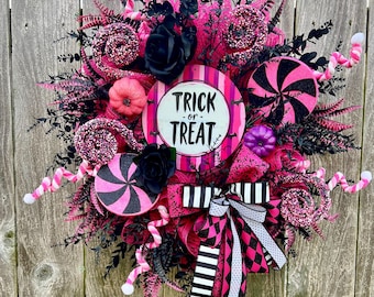 Trick or Treat Pink Glam Halloween Wreath-  Candy Inspired Spooky Door Decor
