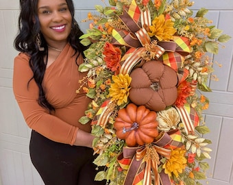 Grande couronne rustique citrouille d'automne | Décoration d'automne pour porte d'entrée | Couronne d'automne de citrouilles de ferme | Décoration de porche de Thanksgiving