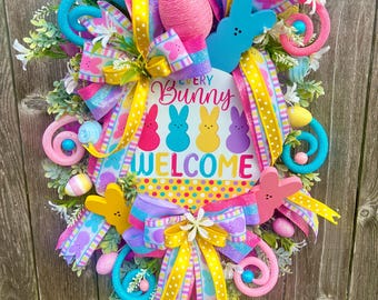 Chaque lapin bienvenue Pâques Swag - Couronne de porte XL lapin pastel - Couronne inspirée de Peeps