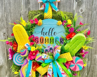 Couronne de sucettes glacées « Bonjour l'été » | Couronne colorée sur le thème des bonbons | Décoration lumineuse pour porte d'entrée