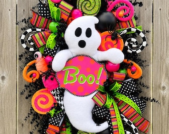 Ghirlanda di Halloween con fantasmi "Boo!" / Decorazione stravagante per la porta d'ingresso rosa, verde lime e nera / Gadget di Halloween colorati