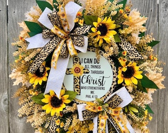 Couronne d'automne inspirée par la foi et ornée de tournesols | Philippiens 4:13 | Couronne d'automne | Couronne chrétienne de luxe pour tous les jours
