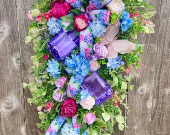 Décoration florale printanière pour porte, hortensias, fleurs rose bleu pourpre, accent papillon