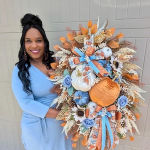 Large Luxury Fall Pumpkin Swag Wreath | Blue and Burnt Orange Autumn Door Decor | Velvet Pumpkins | Glam Front Door Statement Piece