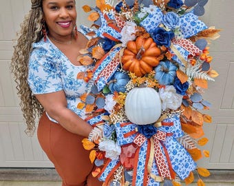 Couronne d'automne chinoise de luxe | Accroche-porte citrouille bleu et blanc | Déco élégante pour porte d'entrée automnale