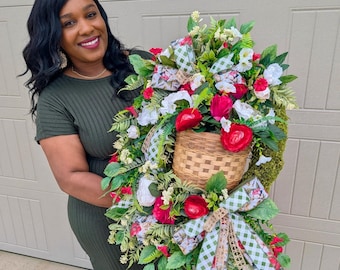 Corona de musgo floral en cesta, decoración floral para puertas de estilo rústico/campestre para el día a día.