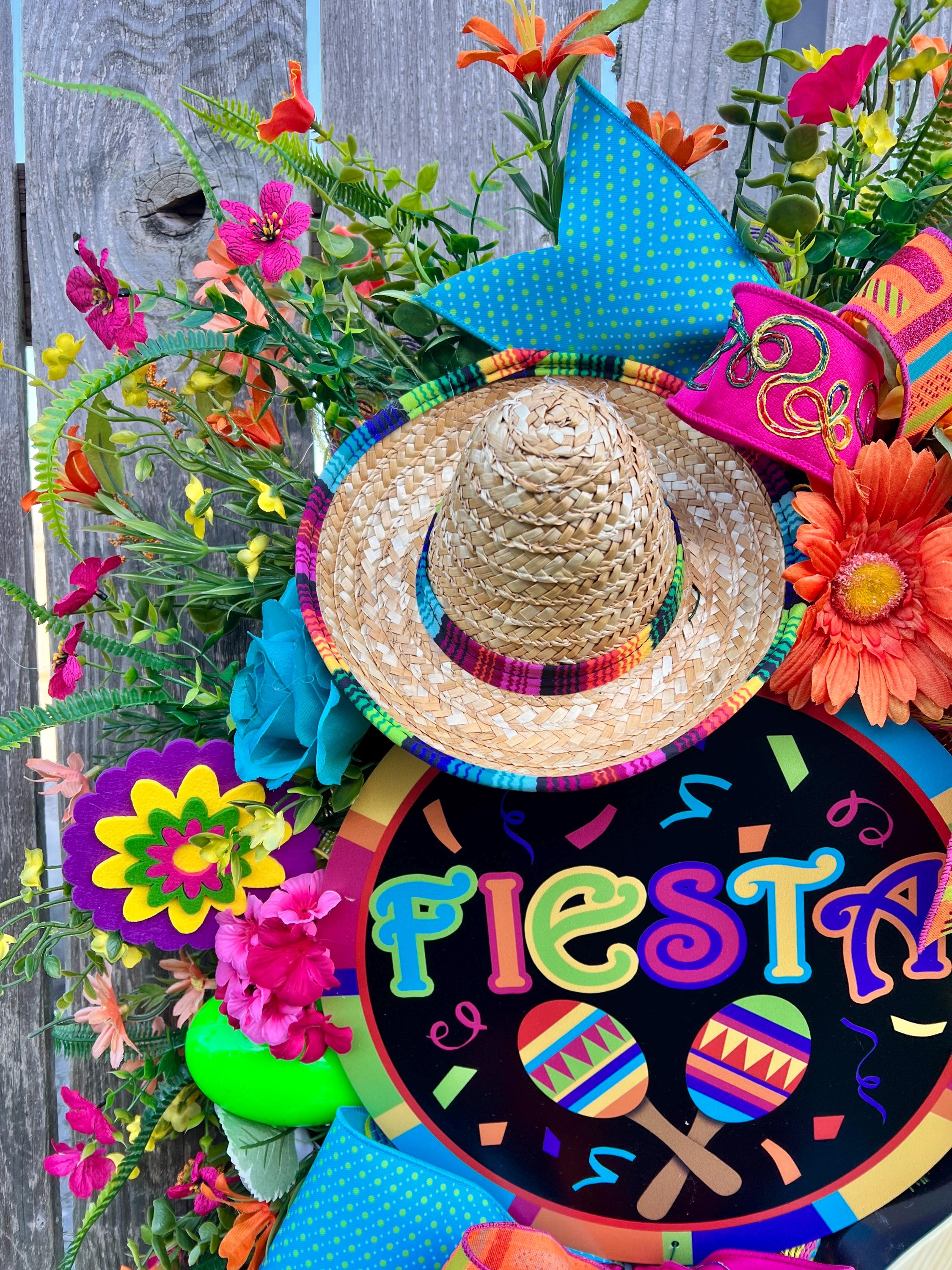 Fiesta Wreath, Cinco De Mayo Door Decor, Sombrero Guitar Piñata Floral