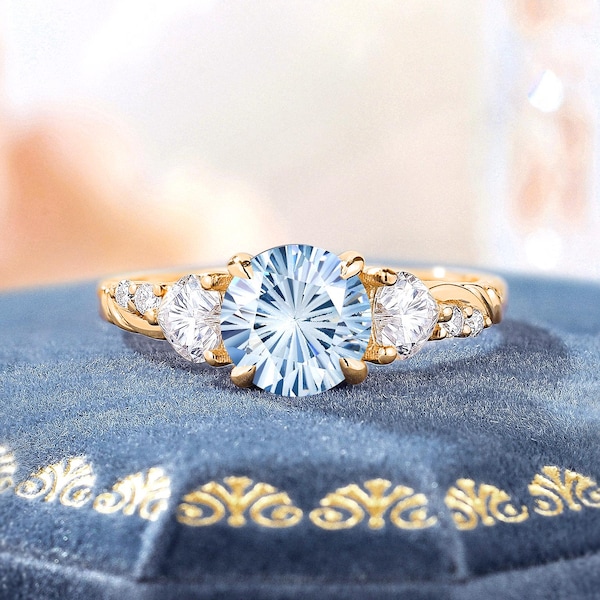 Anel de noivado exclusivo em água-marinha com corte de fogos de artifício, vintage, ouro 14k, aliança de casamento com três pedras, delicado anel de compromisso com diamantes, presente para esposa