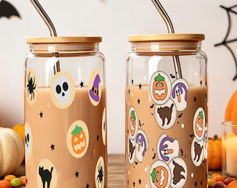 Tazza in vetro per Halloween, tazze in vetro Libby per la stagione spettrale, tazza da caffè freddo autunnale per Halloween, tazza per l'acqua di Halloween, regalo per gli amanti di Halloween per lei
