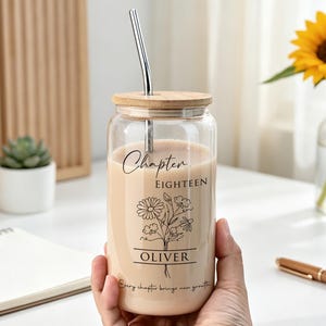 18th Birthday Gift,Chapter 18 Name Glass Coffee Cup,Birth Month Flower Glass Cup With Lid And Straw,30th Birthday Cup,Gifts For Daughter