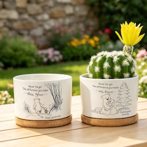 Puede incluir: Dos macetas de cerámica blanca con platillos de bambú. Una presenta una ilustración de Winnie the Pooh con texto, la otra un cactus con una flor amarilla y un diseño similar. Las macetas están sobre una mesa de madera.
