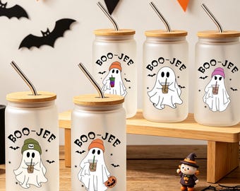 Personalized Ghost Halloween Glass Tumbler,Cute Ghost Coffee Cup With Lid And Straw,Spooky Ghost Halloween Glass Cup,Fall Coffee Lover Gift