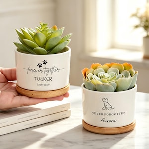May include: Two white ceramic cylindrical planters with bamboo saucers, each containing a green succulent. One planter features the text "forever together", "TUCKER", and "2008-2023" with paw prints. The other features a dog line drawing, "NEVER FORGOTTEN", and "Aurora".