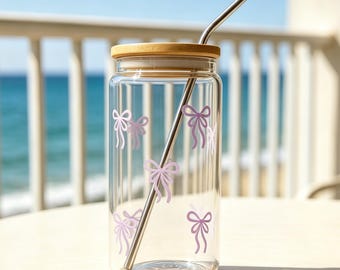 Pink Bow Coffee Tumbler,Personalized Glass Iced Coffee Cup,Pink Bow Cup Coquette,Cute Bow Glass Cup With Straw,Birthday Gift,Mothers Day Cup