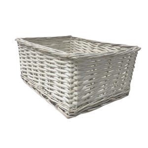 May include: A rectangular, whitewashed wicker basket. The basket is woven with a tight pattern and has straight sides. The basket is empty and set against a white background. Suitable for storage or display.