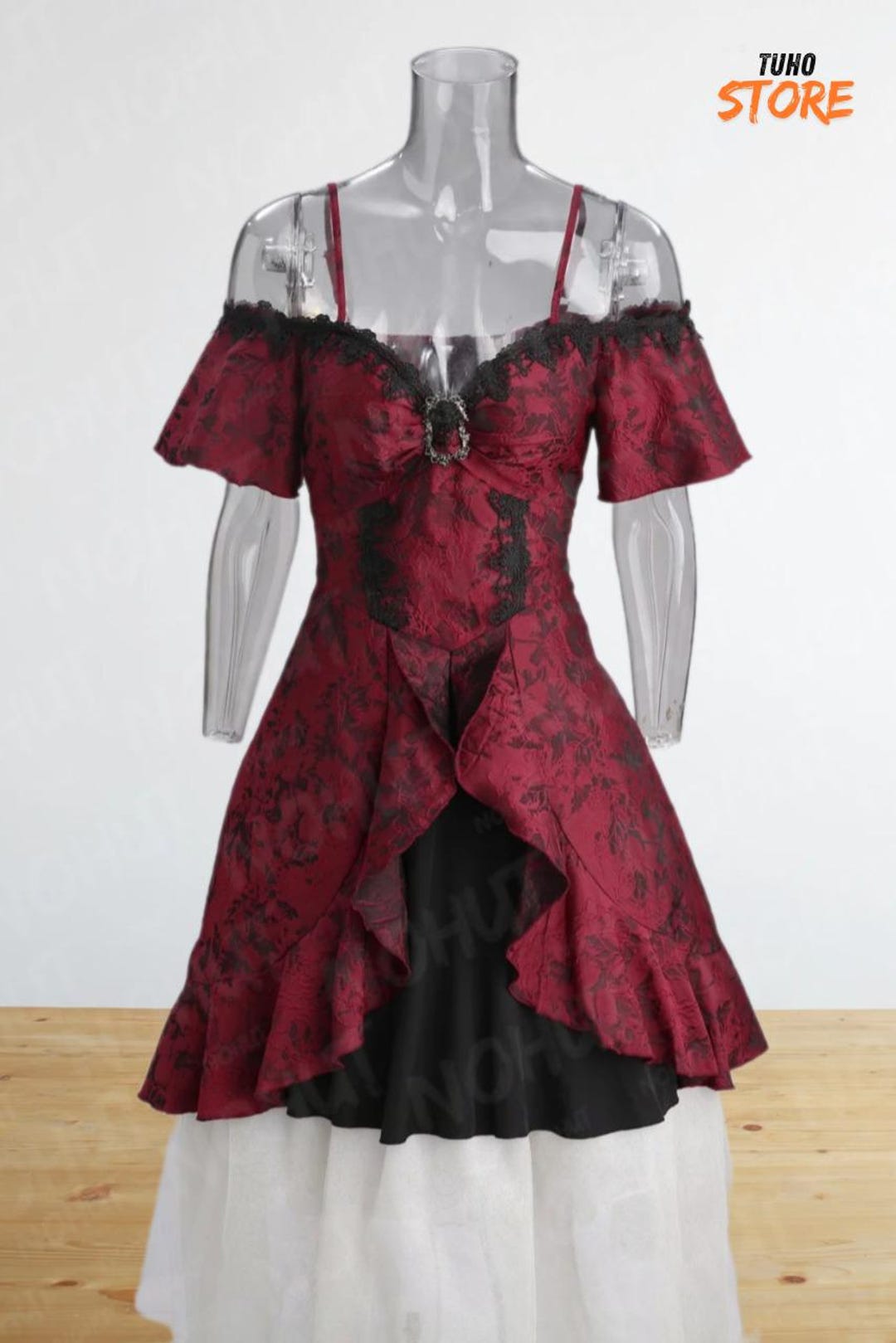 Gothic Ruffled Eclipse Mini Dress in Black Jacquard