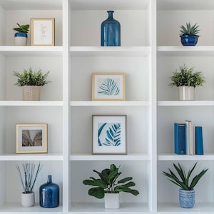 May include: A white bookshelf with various decorative items. The shelves display framed artwork, potted plants, blue vases, and books. The overall aesthetic is clean and modern, with a focus on natural elements and a calming color palette.