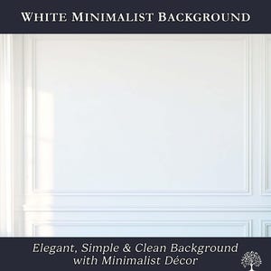 Könnte beinhalten: Ein weißer, minimalistischer Hintergrund mit elegantem, einfachem und sauberem Dekor. Das Bild zeigt eine weiße Wand mit Leisten, einen transparenten Vorhang und einen Hauch von Grün. Der Text oben lautet "WHITE MINIMALIST BACKGROUND" und unten "Elegant, Simple & Clean Background with Minimalist Décor".