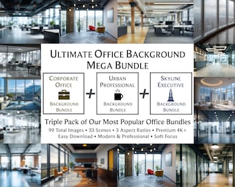 May include: An advertisement for an office background mega bundle. The image features a collage of office interior photos, with text overlayed. The text reads "Ultimate Office Background Mega Bundle" and lists three bundles: Corporate Office, Urban Professional, and Skyline Executive.