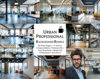 May include: A composite image showcasing various modern office interiors, with a central text overlay reading "Urban Professional Background Bundle." The bundle includes 33 images, 11 scenes, and 3 aspect ratios, all in premium 4K resolution.