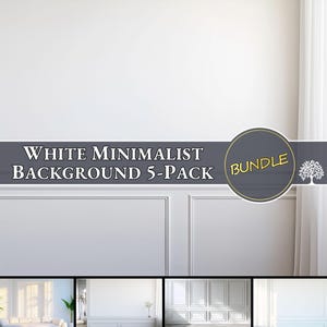 Puede incluir: Imagen promocional de un paquete de fondos blancos minimalistas. El texto "White Minimalist Background 5-Pack" se muestra en una pancarta gris. También hay un gráfico circular con la palabra "Bundle" y un árbol.