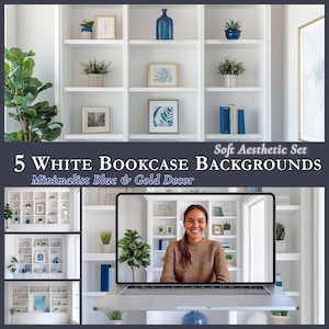 Puede incluir: Una estantería blanca con múltiples estantes, decorada con detalles azules y dorados. Los estantes exhiben arte enmarcados, plantas y jarrones decorativos. El texto dice "5 White Bookcase Backgrounds, Minimalist Blue & Gold Decor."