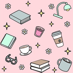 May include: A seamless digital pattern with reading and relaxation motifs. The design includes books, a notebook, coffee cups, a candle, glasses, a desk lamp, and flowers, set against a pink background with star accents.