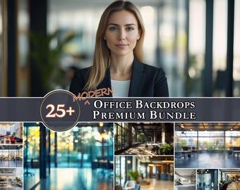 Op de afbeelding: Een vrouw in een zwarte blazer en een wit overhemd staat voor een vage kantoorachtergrond. De afbeelding bevat een banner met de tekst "MODERN Office Backdrops PREMIUM BUNDLE" en "25+" in een cirkelvormig ontwerp, met verschillende kantoorinterieurafbeeldingen.