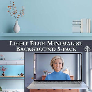 May include: A laptop displays a woman in a light blue turtleneck, set against a minimalist light blue background. The image is part of a "Light Blue Minimalist Background 5-Pack" with a shelf holding a white vase with orange branches and books.