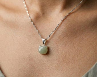 Cat Jade Pendant Necklace: Gold Plated Silver Charm 925 Sterling